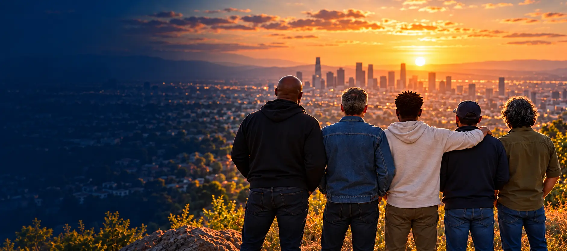 5 men seen from behind, standing together and looking toward a hopeful sunrise over the city