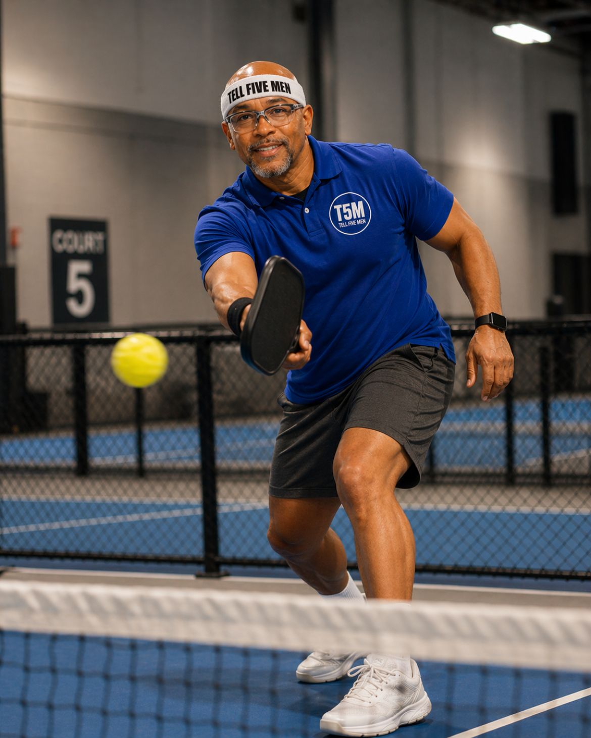 Casey wearing TELL 5 MEN campaign clothing while playing pickleball